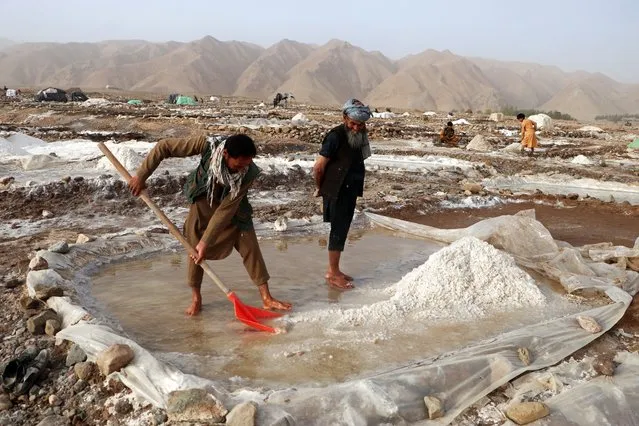 An Afghan man rakes salt at an alkali flat in the Kalafgan district of Takhar province on October 22, 2023. (Photo by Omer Abrar/AFP Photo)