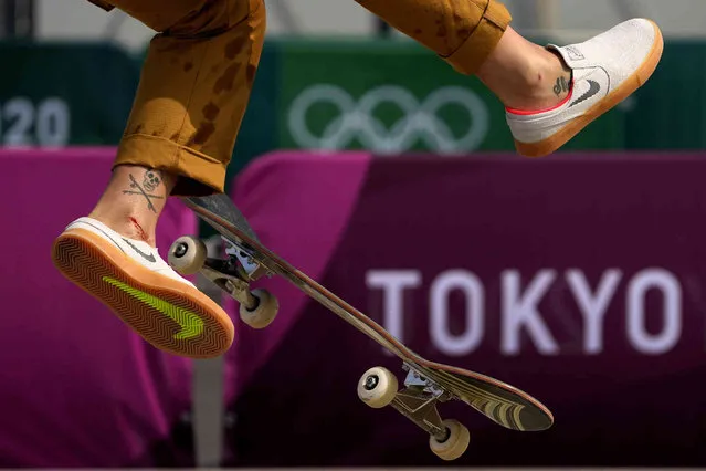 Leticia Bufoni, of Brazil, practices for the skateboarding competition in the 2020 Summer Olympics, Tuesday, July 20, 2021, at the Ariake Urban Sports Park in Tokyo. (Photo by Charlie Riedel/AP Photo)