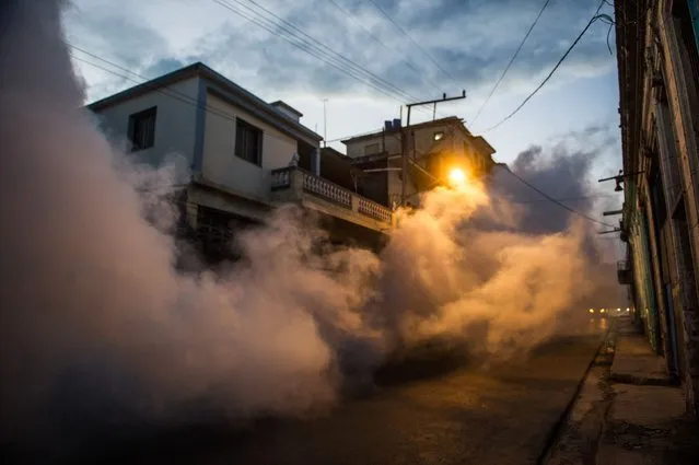 Health authorities with the help of the Cuban army fumigate against the Aedes aegypti mosquito to prevent the spread of zika, chikungunya and dengue in a street of Havana, on February 23, 2016. Cuban President Raul Castro announced Monday that 9,200 troops and police have been mobilized in a campaign to eliminate mosquitoes and protect the country against the Zika virus. Cuba has not officially recorded any cases of the mosquito-borne virus, which is strongly suspected of causing serious birth defects in babies born to infected mothers. But 28 countries and territories in the Americas and the Caribbean have reported cases of active Zika transmission, with 1.5 million in Brazil, the hardest-hit country. (Photo by Yamil Lage/AFP Photo)