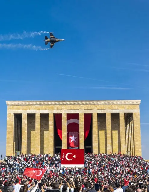 SOLOTURK, aerobatic demonstration team of the Turkish Air Force, performs flight over Anitkabir, the mausoleum of Turkish Republic's Founder Mustafa Kemal Ataturk, ahead of aerobatic demonstration as part of the 100th anniversary celebrations of the Republic of Turkiye in Ankara, Turkiye on October 29, 2023. (Photo by Aytac Unal/Anadolu via Getty Images)