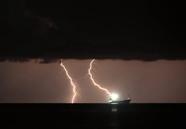 Lightnings strike over Gulf of Iskenderun at Iskenderun district in Hatay, Turkey on September 15, 2021. (Photo by Burak Milli/Anadolu Agency via Getty Images)