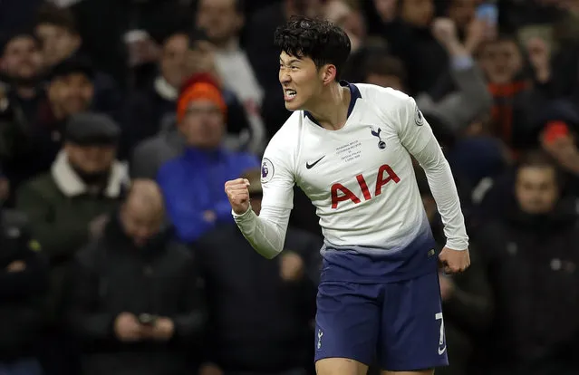 Tottenham's Son Heung-Min celebrates after scoring the opening goal during the English Premier League soccer match betweenTottenham Hotspur and Crystal Palace, the first Premiership match at the new Tottenham Hotspur stadium in London, Wednesday, April 3, 2019. (Photo by Kirsty Wigglesworth/AP Photo)