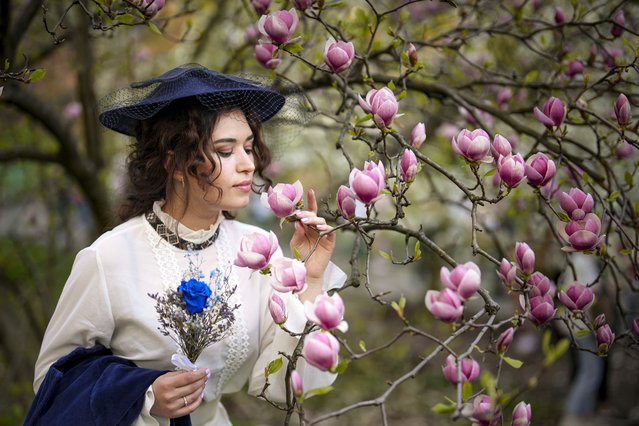 A woman poses for a friend next to blossoming trees in the A.V. Fomin Botanical Garden, in Kyiv, Ukraine, Wednesday, April 10, 2024. (Photo by Vadim Ghirda/AP Photo)