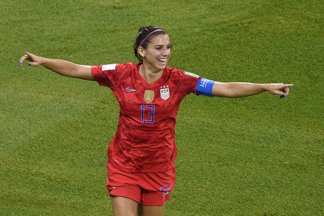 United States' forward Alex Morgan celebrates after scoring a goal during the France 2019 Women's World Cup semi-final football match between England and USA, on July 2, 2019, at the Lyon Satdium in Decines-Charpieu, central-eastern France. (Photo by Jean-Philippe Ksiazek/AFP Photo)