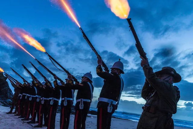 Members of the Albert Battery perform a gun salute during the Anzac Day dawn service held by the Currumbin RSL on the Gold Coast in Currumbin, Australia, 25 April 2016. The Anzac day marks the landing of the Australian and New Zealand Army Corps (Anzac) troops at Gallipoli in what is today Turkey during WWI. World War One, also called the Great War, according to official statistics cost more than 37 million military and civilian casualties between 1914 and 1918. (Photo by Glenn Hunt/EPA)