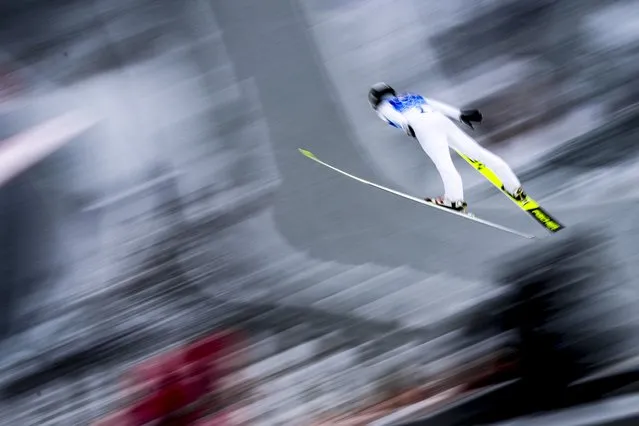 Tomas Portyk of Czech Republic in action during the trial jump in the Ski Jumping segment of the Men's Nordic Combined Large Hill/4x5km Team event at the Zhangjiakou National Ski Jumping Centre at the Beijing 2022 Olympic Games, Zhangjiakou, China, 17 February 2022. (Photo by Martin Divisek/EPA/EFE/Rex Features/Shutterstock)