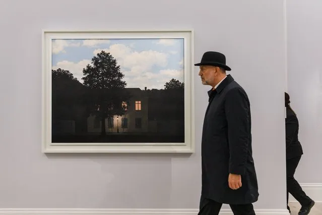 René Magritte’s “L’empire des lumières”, a masterpiece of 20th-century art, painted in 1961 (estimated in excess of £45 million) goes on view as part of an exhibition of modern and contemporary artworks worth a combined £200 million at Sotheby's on February 22, 2022 in London, England. The Modern & Contemporary Evening Auction takes place at Sotheby's in London on March 2 2022. (Photo by Tristan Fewings/Getty Images for Sotheby's)