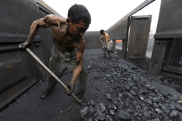 Workers unload coal at a storage site along a railway station in Hefei, Anhui province October 27, 2009. (Photo by Jianan Yu/Reuters)