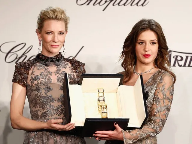 (L-R) Cate Blanchett and Adele Exarchopoulos pose onstage at the Chopard Trophy during the 67th Annual Cannes Film Festival on May 15, 2014 in Cannes, France. (Photo by Andreas Rentz/Getty Images)