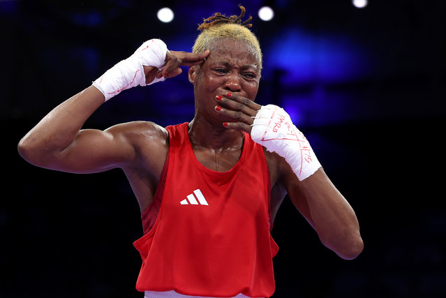 Sitora Turdiekova of Team Democratic Republic the Congo reacts after the Women's 57kg preliminary round match between Marcelat Sakobi of Team Uzbekistan and Sitora Turdibekova of Team Democratic Republic on day four of the Olympic Games Paris 2024 at North Paris Arena on July 30, 2024 in Paris, France. (Photo by Richard Pelham/Getty Images)