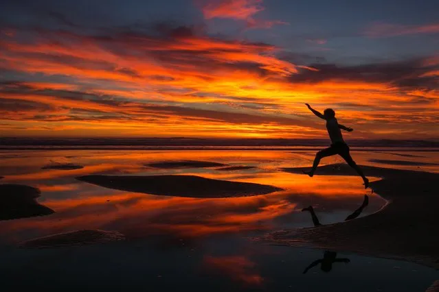 A brilliant sunset makes for a fun silhouette picture by jumping between sand bars at Shi Shi Beach on the Olympic Peninsula Friday July 17, 2015. (Photo by Bettina Hansen/The Seattle Times)