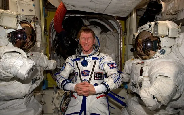 Tim Peake tried on his spacesuit and checked for leaks ahead of his return to Earth. (Photo by Tim Peake/ESA/NASA)