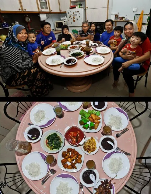 This combination of two photos taken on July 11, 2014, shows a Malaysian Muslim family waiting to break their fast, top, and their meal, bottom, during the holy month of Ramadan in Kuala Lumpur, Malaysia. (Photo by Vincent Thian/AP Photo)