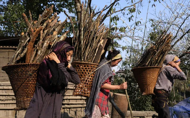 Naga women carry firewood as they walk home from a day in the field near Viswema village, in the northeastern Indian state of Nagaland, Friday, March 13, 2020. Nagas are an indigenous people living in several northeastern Indian states and across the border in Myanmar. (Photo by Yirmiyan Arthur/AP Photo)