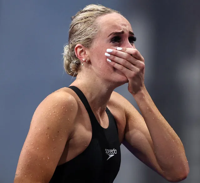 Kaylene Corbett of Team South Africa reacts after winning bronze in the Women's 200m Breaststroke Final on day three of the Birmingham 2022 Commonwealth Games at Sandwell Aquatics Centre on July 31, 2022 on the Smethwick, England. (Photo by Robert Cianflone/Getty Images)
