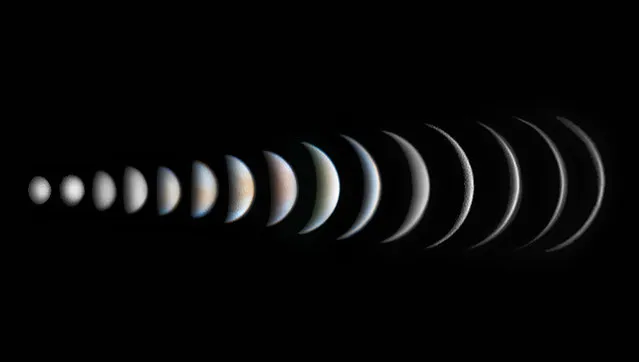 “Planets, Comets and Asteroids”. Winner: Venus Phase Evolution by Roger Hutchinson (UK) The changing face the planet Venus as it grew from 86.6% illuminated and 11.9 inches in diameter on the 25th September 2016, to 1% illuminated and 59.3 inches in diameter six months later. The images were taken with the same setup, so the changing size of Venus, as it approached the point between us and the sun, is apparent. London, UK, 25 March 2017 Celestron C11 EdgeHD 355.6 mm f/10 reflector telescope, Celestron CGE Pro mount, ZWO ASI174MM camera, composite of panels stacked from multiple exposures. (Photo by Roger Hutchinson/Insight Astronomy Photographer of the Year 2017)