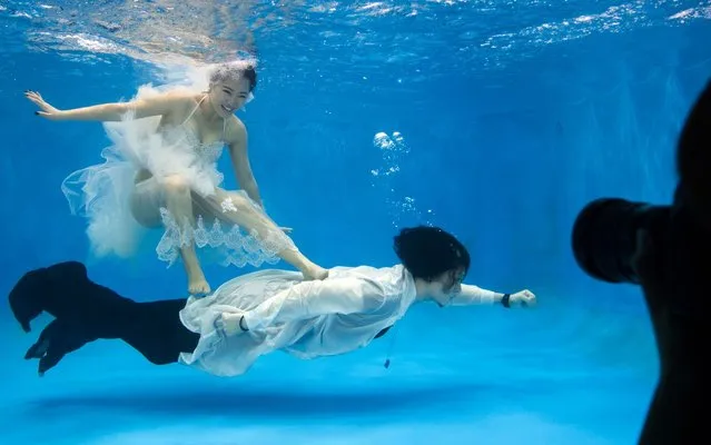 This photo taken on September 3, 2014 shows Qin Riyang  and Leng Yuting, posing underwater for their wedding pictures at a photo studio in Shanghai, ahead of their wedding next year. (Photo by Johannes Eisele/AFP Photo)