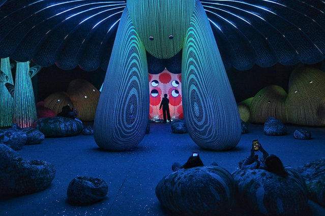 Visitors interact with an immersive light and AI display at the “Modern Guru and the Path to Artificial Happiness” exhibition by Australian art studio Eness at the Icon Siam shopping mall in Bangkok on December 2, 2024. (Photo by Lillian Suwanrumpha/AFP Photo)