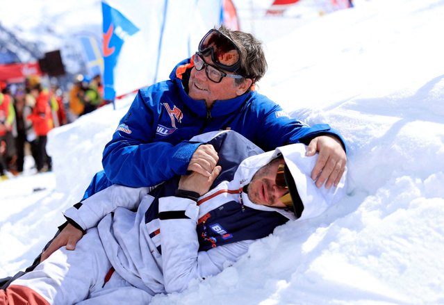France's Simon Billy reacts with his father Philippe Billy during the Men's Speed Skiing at the World Speed Skiing Championship in Vars, France on March 27, 2025. (Photo by Manon Cruz/Reuters)