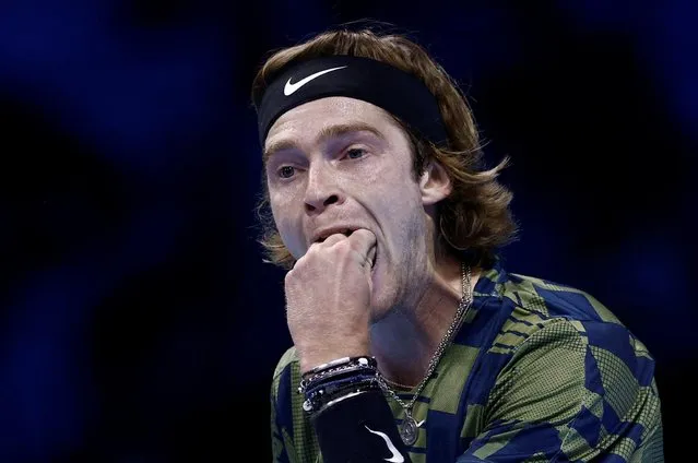 Russia's Andrey Rublev reacts during his singles group stage match against Russia's Daniil Medvedev, Pala Alpitour, Turin, Italy on November 14, 2022. (Photo by Guglielmo Mangiapane/Reuters)