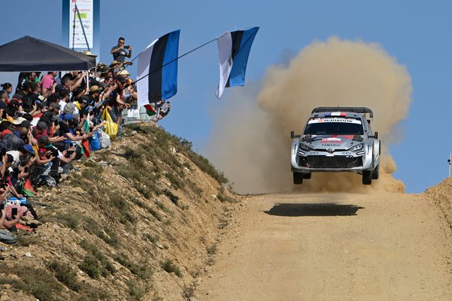 Sebastien Ogier of France and his co-driver Vincent Landais of France compete in their Toyota GR Rally 1 during the SS9 stage of the World Rally Championship (WRC) Rally of Portugal in Mortagua, on May 16, 2025. (Photo by Photo by Miguel Riopa/AFP Photo)