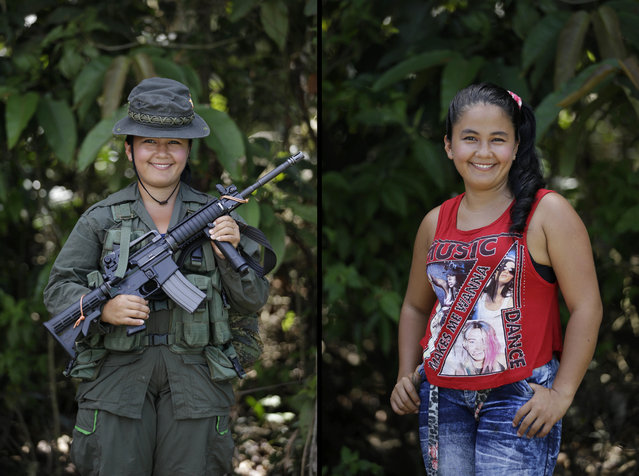 This August 16, 2016 photo shows two portraits of Yuri Renteria, one of her holding a weapon while in her uniform for the Revolutionary Armed Forces of Colombia (FARC) 32nd front, and in civilian clothing at a guerrilla camp in the southern jungle of Putumayo, Colombia. Renteria, 18, said she's been with the FARC for four years and would like to study engineering after demobilizing as part of a peace deal with Colombia's government. (Photo by Fernando Vergara/AP Photo)