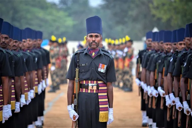 Soldiers from the Madras Sappers of the Indian Army participate in a full dress rehearsal parade to celebrate India’s Republic Day on January 24, 2023 in Bengaluru, India. India celebrates its Republic Day on January 26. (Photo by Abhishek Chinnappa/Getty Images)