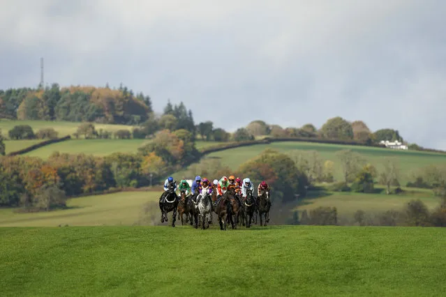 A general view as runners drop down the hill towards bend and the back straight at Chepstow Racecourse on October 27, 2020 in Chepstow, Wales. Owners are allowed to attend if they have a runner at the meeting otherwise racing remains behind closed doors to the public due to the Coronavirus pandemic. (Photo by Alan Crowhurst/Getty Images)