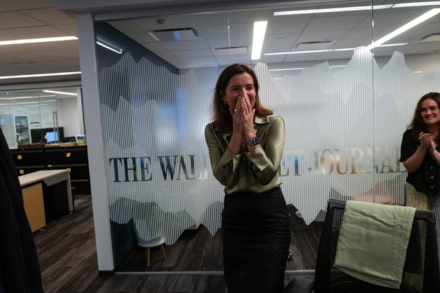 Emma Tucker, editor-in-chief of The Wall Street Journal, celebrates the prisoner exchange between the United States and Russia on Thursday, August 1, 2024. Wall Street Journal reporter Evan Gershkovich was one of the Americans released. (Photo by Dan Lyon/Wall Street Journal)