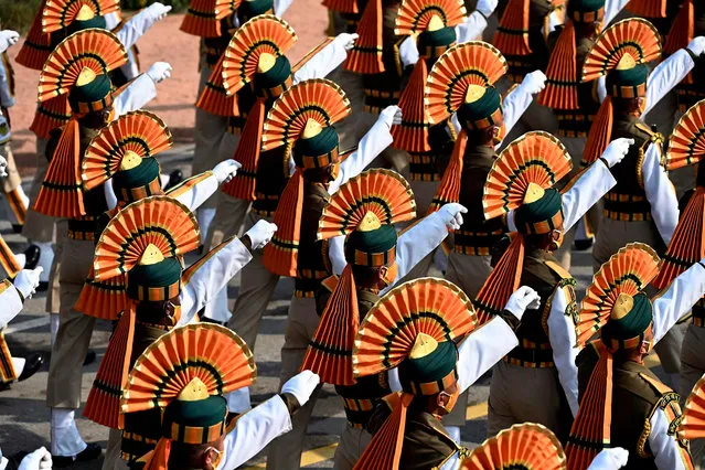 Soldiers march along Rajpath during the Republic Day Parade in New Delhi on January 26, 2021. (Photo by Jewel Samad/AFP Photo)