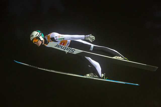 Domen Prevc of Slovenia in action during the men's HS140 Individual competition of the FIS Ski Jumping World Cup event at Vogtland Arena in Klingenthal, Germany, 14 December 2025. (Photo by Martin Divíšek/EPA)