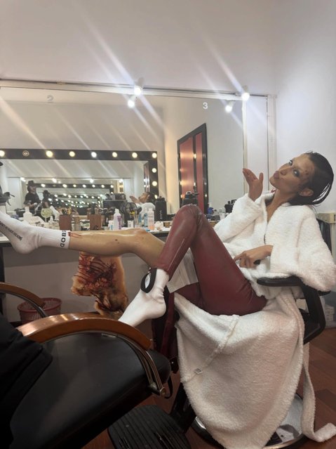 Model Bella Hadid shows a behind the scenes snap from her new show “The Beauty” on Hulu in the second decade of January 2026. (Photo by bellahadid/Instagram)