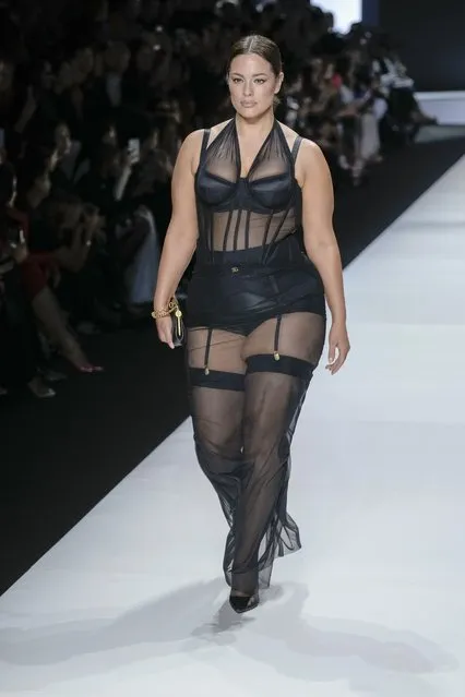 American plus-sized model Ashley Graham wears a creation as part of the Dolce & Gabbana women's Spring Summer 2024 collection presented in Milan, Italy, Saturday, September 23, 2023. (Photo by Antonio Calanni/AP Photo)
