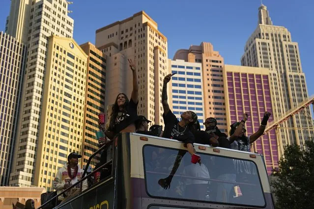 Las Vegas Aces players during a parade to celebrate the team's WNBA championship Monday, October 23, 2023, in Las Vegas. (Phoot by John Locher/AP Photo)