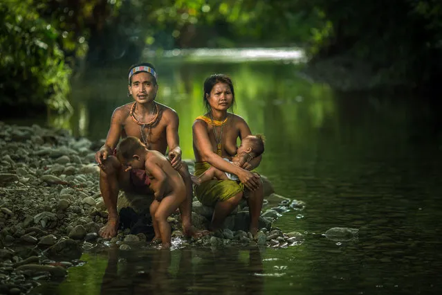 A young Mentawai family sit on the side of the river on July 19, 2014 on the Mentawai Islands, Indonesia. (Photo by Muhamad Saleh Dollah/Barcroft Media)