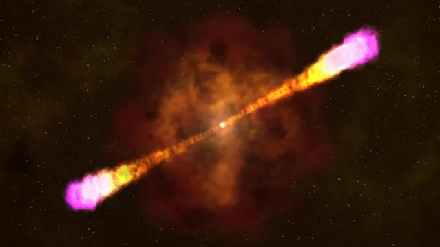 This image provided by NASA's Goddard Space Flight Center shows an artists rendering on how a gamma ray burst occurs with a massive star collapsing and creating a black hole and beaming out focused and deadly light and radiation bursts. Astronomers and space telescopes in April 2013 saw the biggest and brightest cosmic explosion ever witnessed, a large gamma ray burst. (Photo by AP Photo/NASA Goddard Space Flight Center)