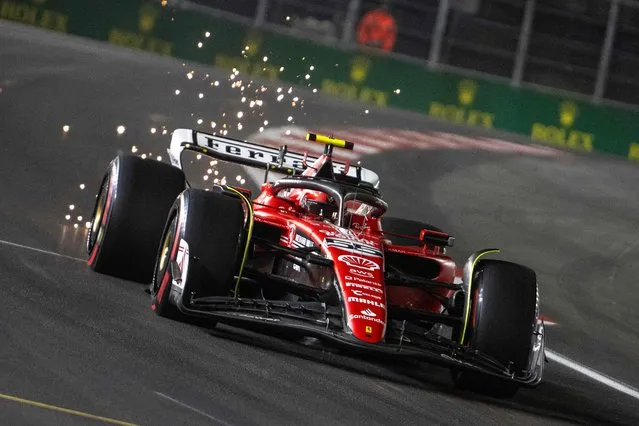 Ferrari's Spanish driver Carlos Sainz Jr., races during the third practice session for the Las Vegas Formula One Grand Prix on November 17, 2023, in Las Vegas, Nevada. (Photo by Jim Watson/AFP Photo)