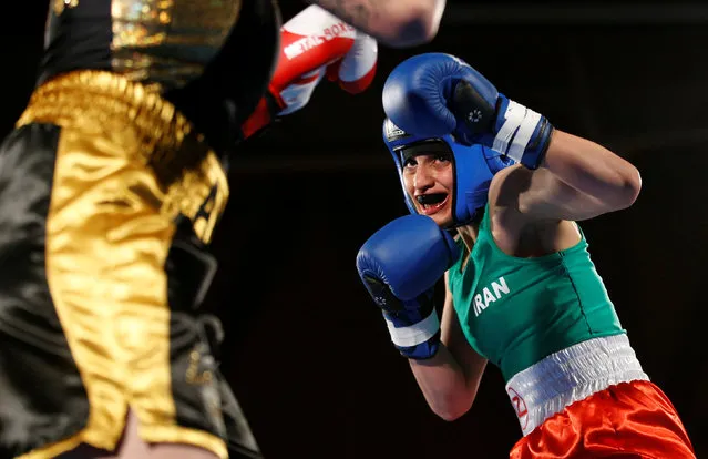 Iranian boxer Sadaf Khadem in action against French boxer Anne Chauvin during an official boxing bout in Royan, France, April 13, 2019. (Photo by Stephane Mahe/Reuters)