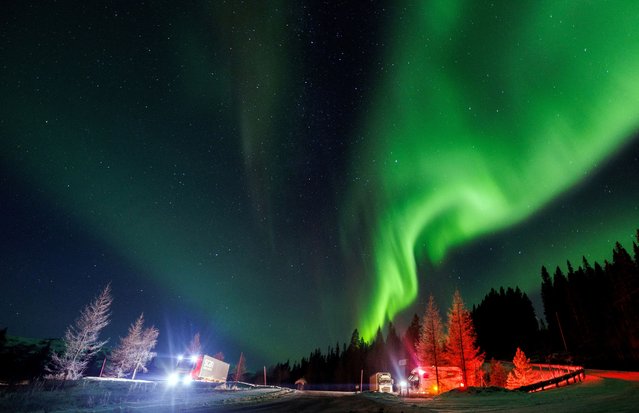 Northern Lights, also called Aurora Borealis, illuminate the night sky as cars park near a highway during autumn near Mo i Rana, Norway on November 15, 2023. (Photo by Lisi Niesner/Reuters)