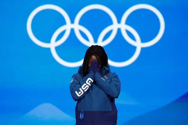 Gold medallist Erin Jackson of Team United States celebrates during the Women's 500m Speed Skating medal ceremony on Day 10 of the Beijing 2022 Winter Olympics at Medal Plaza on February 14, 2022 in Beijing, China. (Photo by Susana Vera/Reuters)