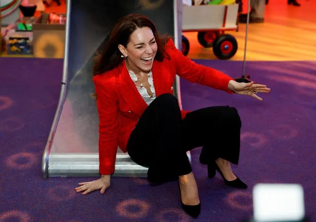 The Duchess of Cambridge comes down a slide during a visit to the LEGO Foundation PlayLab at the Carlsberg Campus, University College Copenhagen, Denmark, on day one of a two-day working visit with The Royal Foundation Centre for Early Childhood on Tuesday, February 22, 2022. (Photo by  John Sibley/PA Wire Press Association)