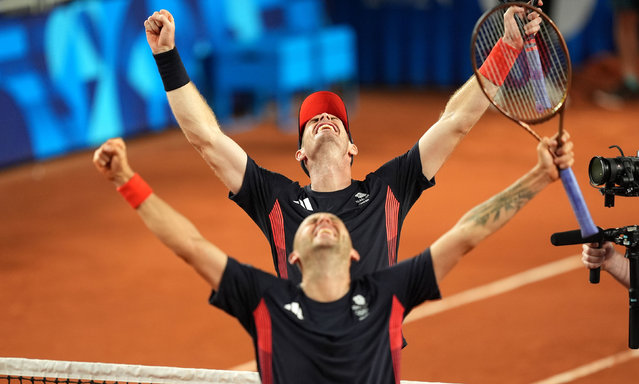 Great Britain's Andy Murray and Dan Evans celebrate after winning the Men's Doubles Second Round against Belgium's Joran Vliegen and Sander Gille (not pictured) at Roland-Garros on the fourth day of the 2024 Paris Olympic Games in Franceon Tuesday, July 30, 2024. (Photo by Martin Rickett/PA Images via Getty Images)