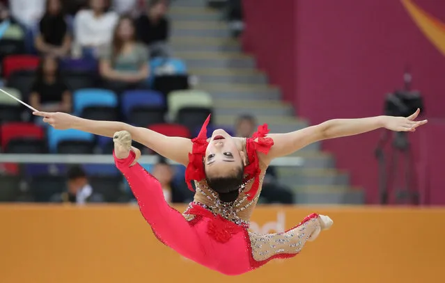 Sumire Kita of Japan performs during the Rhythmic Gymnastics World Championships, group B Clubs and Ribbon qualification in Baku, Azerbaijan, 19 September 2019. (Photo by Tatyana Zenkovich/EPA/EFE)