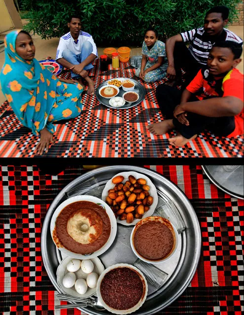 This combination of two photos taken on Tuesday, July 15, 2014, shows a Sudanese family waiting to break their fast, top, and their meal, bottom, during the holy month of Ramadan on the outskirts of Khartoum, Sudan. After a long day of fasting, the moment of pay-off finally comes in the form of “iftar”, the evening meal that breaks the fast. (Photo by Abd Raouf/AP Photo)