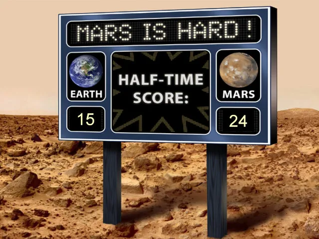 This artist's scoreboard displays a fictional game between Mars and Earth, with Mars in the lead. (Image by NASA/JPL-Caltech)