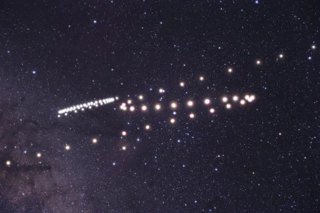 “Planets, Comets and Asteroids”. Runner up: Retrograde Mars and Saturn by Tunç Tezel (Turkey) The paths of the planets Mars and Saturn shown swooping through the night sky, over a period of 11 months in 2016. Last year was a special year for monitoring the two planets because they spent the year close to each other, north of Antares in Scorpius. The planets were photographed on 46 different dates over 11 months, roughly once per week. Pulau Plun, Halmahera, Indonesia, 9 March 2016 Canon EOS 6D camera, 50 mm f/3.5 lens, ISO 3200, composite of multiple exposures. (Photo by Tunç Tezel/Insight Astronomy Photographer of the Year 2017)