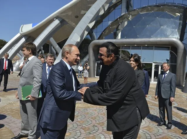 Russian President Vladimir Putin (L) shakes hands with U.S. actor Steven Seagal while visiting an oceanarium at Russky Island in the far eastern city of Vladivostok, Russia, September 4, 2015. Putin urged domestic and foreign investors on Friday to help develop Russia's vast Far East region, promising high returns and reassuring Asia-Pacific economies about their strategic importance. (Photo by Alexei Druzhinin/Reuters/RIA Novosti/Kremlin)
