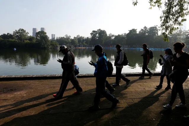 People walk with their mobile phones as some play Pokemon Go during a gathering to celebrate “Pokemon Day” at Chapultepec park in Mexico City, Mexico August 21, 2016. (Photo by Carlos Jasso/Reuters)