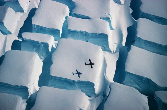 Overall winner, and winner in Earth Science and Climatology category. Icy Sugar Cubes by Peter Convey. A photograph taken over the English Coast (southern Antarctic peninsula) illustrating the scale of unusual bi-directional crevassing as an ice sheet is stretched in two directions over an underlying rise, with a Twin Otter aeroplane as scale. (Photo by Peter Convey/PA Wire/Royal Society Publishing Photography Competition 2017)