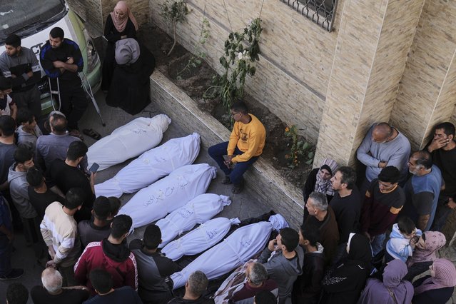 Palestinians grieve over the bodies of their relatives, who were killed in an Israeli airstrike, at the Baptist Hospital in Gaza City, on Thursday, April 3, 2025. (Photo by Jehad Alshrafi/AP Photo)
